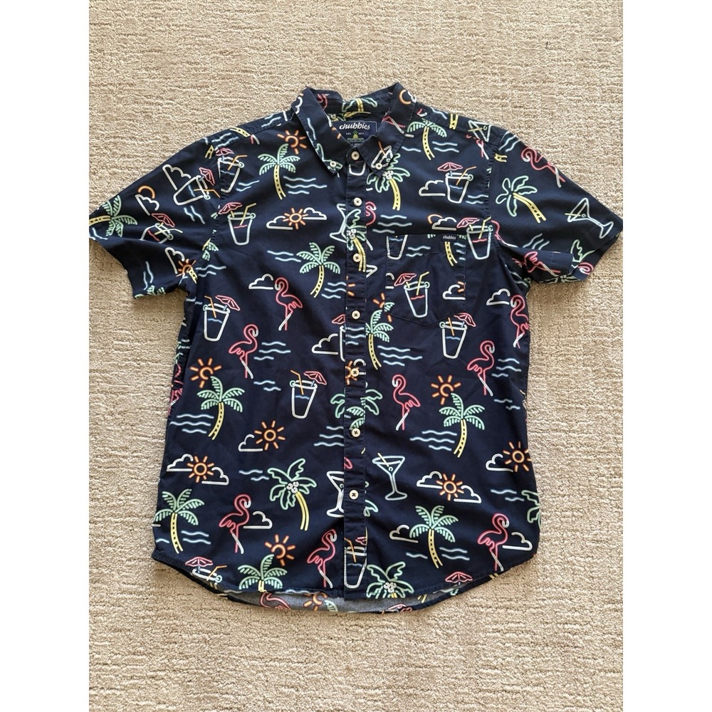 Chubbies The weekend Has Arrived Neon Lights Flamingo Hawaiian Shirt Men's M - Picture 2 of 9